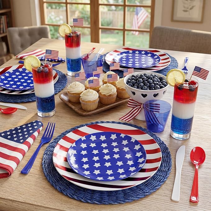 KIRE 150PCS 4th of July Plates & Red White Blue Disposable Plastic Silverware &Clear Blue Cups-American Flag Patriotic Party Supplies for Memorial Day/Independence Day/Veterans Day