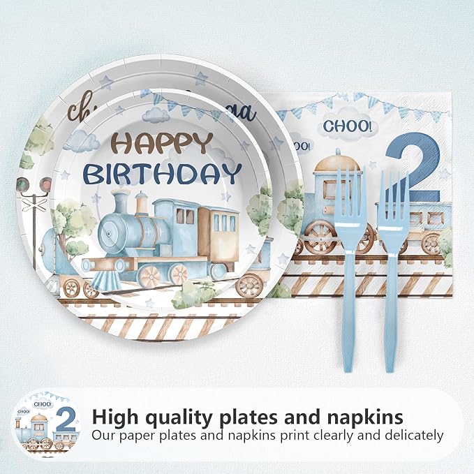 96Pcs Chugga Chugga Two Two Birthday Party Decorations Watercolor Train 2nd Paper Plates Retro Blue Disposable Choo Choo I'm 2 Tableware Set for 2 Year Old Birthday Party Supplies, Serves 24