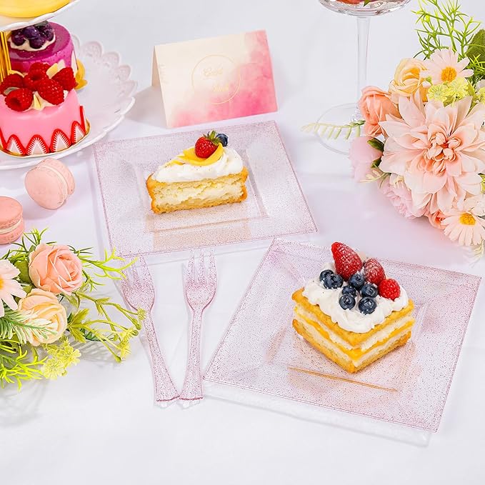 DaYammi 100Pcs Pink Dessert Plates with Forks Including 50Pcs Appetizer Plates,50Pcs Plastic Forks,Glitter Square Plate pink Disposable plates for Wedding,Plastic Cake Plate for Mother's Day Party