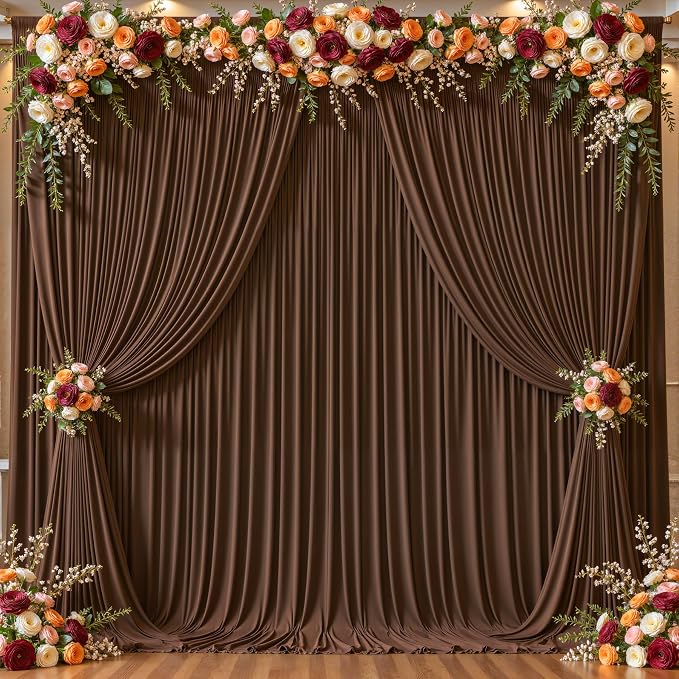 10ftx12ft Wrinkle Free Brown Backdrop Curtain, 4 Panels 12FT Long Wedding Photo Backdrop Drapes, Silky Polyester Back Drop Cloth for Birthday Photography Background Party Backdrop Draping