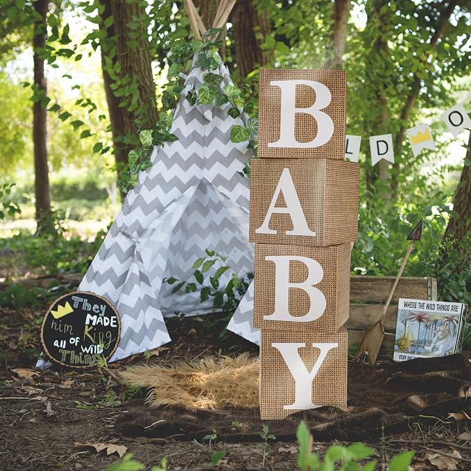 RUBFAC Burlap Print Baby Boxes with Letters for Baby Shower, 4pcs Rustic Farmhouse Style Boho Balloon Boxes with Burlap Grain for Birthday Gender Reveal Decoration Backdrop Photo Props