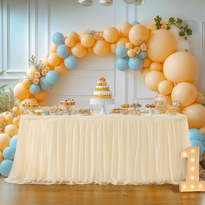 HB HBB MAGIC Champagne Tablecloth Rectangle Table Cover for 6 Foot Tables, Tulle Table Skirt Rectangle 6ft Stretch Tulle Tablecloth Fitted Elastic Banquet Party Wedding Champagne Tables Cloth