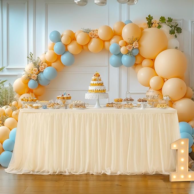 Champagne Tablecloth Rectangle Table Cover for 6 Foot Table, Champagne Tulle Table Skirt Rectangle Table 6ft Stretch Tulle Tablecloth Fitted Elastic Banquet Party Wedding Table Cloth for 6 Foot Table