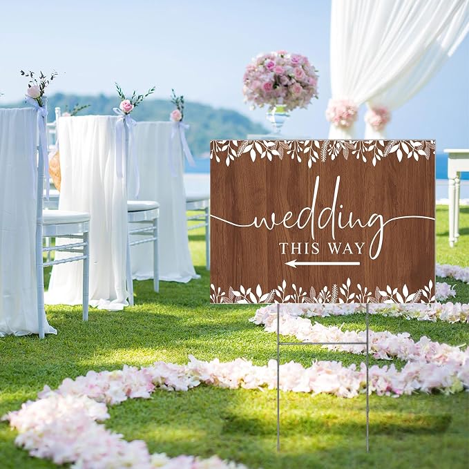3 Pack 14.5” x 10.5” Wedding This Way Signs Double Sided Printed Wedding Direction Sign with Stakes for Ceremony Reception Lawn Yard Direction Arrow Signs Exquisite Plastic Rainproof Party Supplies,Rustic