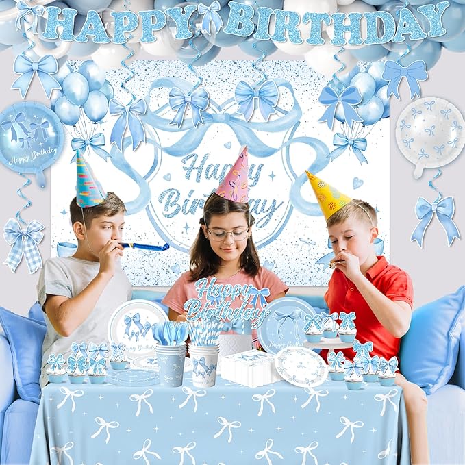 Blue Bow Party Supplies Serve 24,Coquette Birthday Decorations Include Bow Themed Tableware Tablecloth Backdrop Blue and White Balloon Arch Kit for Girls Birthday Decor