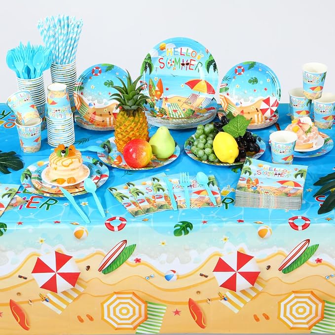 Funnymoom 452 Pcs Hello Summer Plates and Napkins Beach Party Supplies for 50, Summer Beach Cup Tablecloth Cutlery Disposable Tableware for Hawaiian Tropical Luau Ocean Pool Birthday Party Decoration