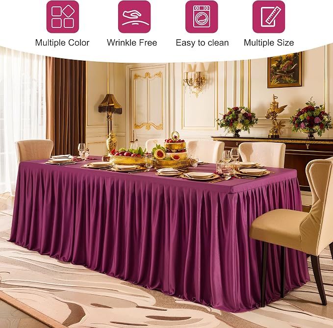 6 Packs Burgundy Polyester Table Clothes for 8 Foot Rectangle Tables, Wrinkle Free Fitted Table Cover 8ft Stretch Tablecloths with Skirt for Parties Weddings Birthday Banquet Baby Shower