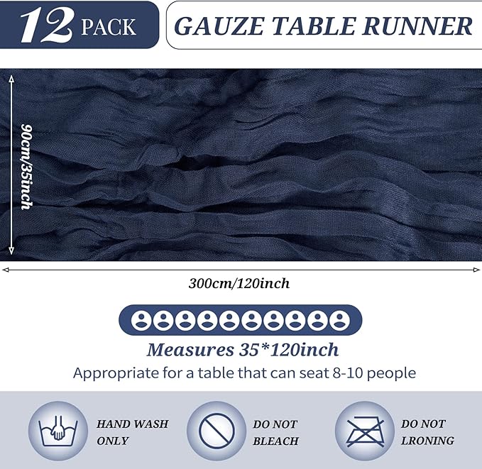 12 Pack Cheesecloth Table Runner 35 x 120 inch Long Boho Cheese Cloth Gauze Table Runners Semi Sheer Table Runner for Wedding Decor, Bridal Shower, Birthday Party (Navy Blue)