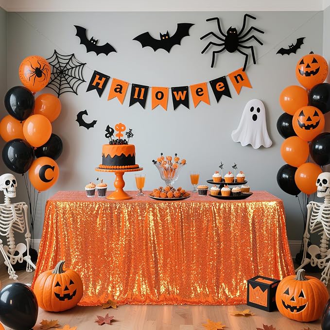 Poise3EHome Orange Sequin Tablecloth 90×132 Inch Rectangle Sparkly Fabric Table Cloth for Halloween Baby Shower Birthday Party Wedding Holiday Decoration