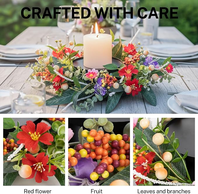 MOYEE Summer Centerpieces for Tables Candle Ring, Black Metal Candlestick with an Artificial Wreaths 14 in Versatile Dining Table Centerpiece Decor (Red Flower Green Leaf Wreath)
