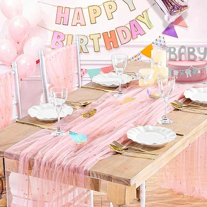 Pearl Tulle Table Runner Fabric: 10ft Wedding Veil Seasonal Dessert Chiffon Pearl Lace Boho Overlay Mother's Day Wedding Aisle Runner Party Decorations Doilies