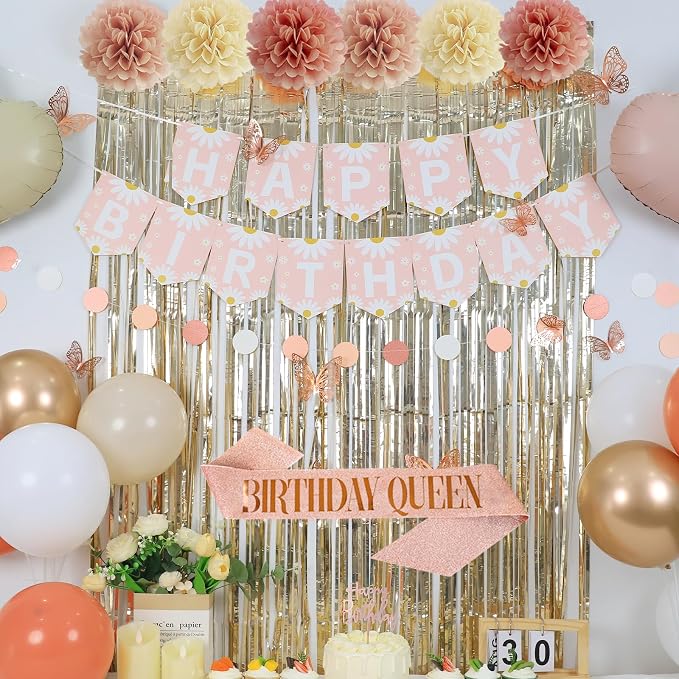 54Pcs Blush Beige Birthday Decorations, Birthday Decorations for Girls Boho Birthday Decorations with Flower Banner Balloons Sash Fringe Curtain Paper Pompoms Pink Birthday Decoration for Women