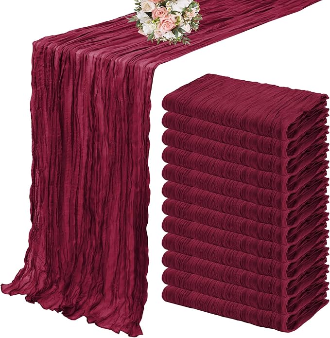 12 Pack Cheesecloth Table Runner 35 x 120 inch Long Boho Cheese Cloth Gauze Table Runners Semi Sheer Table Runner for Wedding Decor, Bridal Shower, Birthday Party (Burgundy)