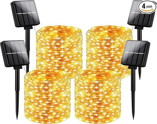 Brightever Outdoor Solar String Lights Waterproof 288Ft, 4-Pack Each 72FT 200 LED Solar Powered Fairy Lights with 8 Lighting Modes, Copper Wire Lights for Patio, Garden, Party, Wedding (Warm White)