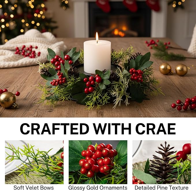 MOYEE Christmas Winter Centerpieces for Tables Candle Ring, Black Metal Candlestick with an Artificial Wreaths 14 in Versatile Dining Table Centerpiece Decor (Pinecone and Green Leaf Wreath)