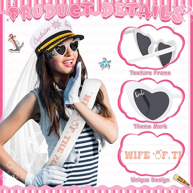 JaGely Bride Captain Hat with Veil, Bachelorette Sash & Sunglasses for Bridal Shower Bachelorette Party Decor Accessories(Wife of the Party)
