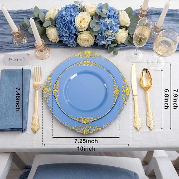 125PCS Blue and Gold Plastic Plates - Airy Blue Disposable Plate - Gorgeous Plates with Gold Plastic Silverware Sets for 25 Guests for Party & Wedding & Spring
