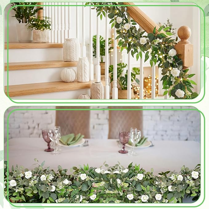 2 Pack Garland Set, 6 ft Artificial White Rose Eucalyptus Garland with Willow Leaf Vine, Summer Garland Faux Greenery Decor for Wedding Arch, Table and Home Decoration