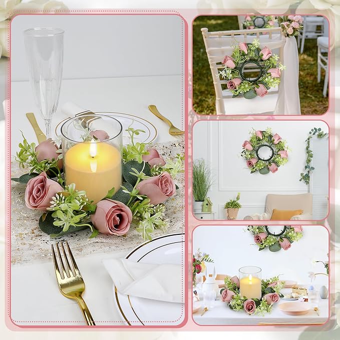 12 PCS Roses Candle Rings Wreaths - 3 Inch Artificial Floral Rings with LED Flameless Candles Eucalyptus Leaves for Spring Banquet Table Centerpieces Home Wedding Party, Dusty Pink