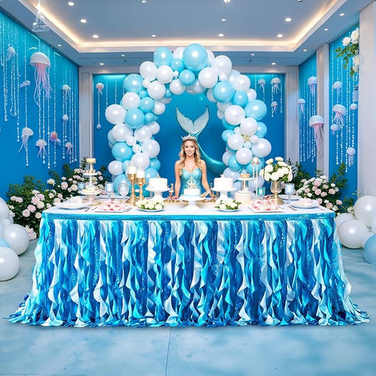 Wish Care 17ft Blue Sequin Table Skirt for Rectangle Tables Curly Willow Ocean Tutu Skirt Under The Sea Baby Shark Ruffle Table Cloth Desk Skirts for Birthday Baby Shower Theme Party Table Decorations