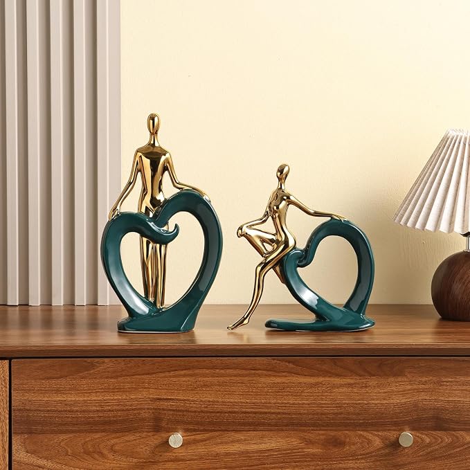 Ceramic Statues Aesthetic Abstract Couple and Heart Sculpture Modern Home Decor Decorative Statue for Living Room Bedroom Bookshelf Table Centerpiece Office (Green and Gold)