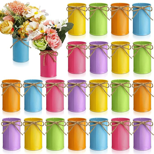 Rustic Vase for Table Centerpieces 4.33 Inch Small Petite Flower Vase with Twine Bow Vintage Farmhouse Decor for Wedding Reception Dining, Home Galvanized Metal Buckets(Multicolor,24 Pcs)