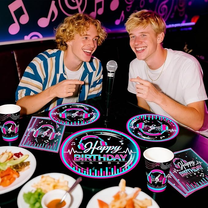 Karaoke Party Decorations for 25 Guests, 208PCS All-in-One Music Party Supplies Set with Banner, Backdrop, Balloons, Cake Toppers, Plates, Napkins and Tablecloth, Music Theme Birthday Decor