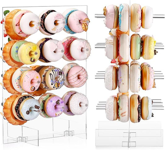 24 Pegs Double Side Acrylic Donut Display Stand Hold 48 Donuts Reusable Doughnut Board Display Clear Bagels Holders for Dessert Table Birthday Baby Shower Wedding Party Decorations