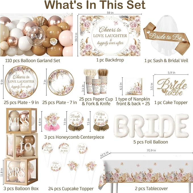 cocomigo 301pcs Boho Bridal Shower Decorations Complete Party Set, Serves 25 Guests, Boho Wedding Engagement Theme Bridal Shower Decorations, includes Balloon Arch Box Tableware Veil Shoulder Straps