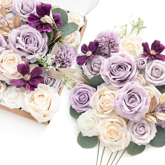 Ling's Moment Fake Flowers Box, Faux Artificial Greenery Stems Foam Roses Silk Eucalyptus Fabic Flower for Centerpieces Bouquet Wedding Vase Floral Arrangements Decorations, Lilac & Cream, Grand Combo
