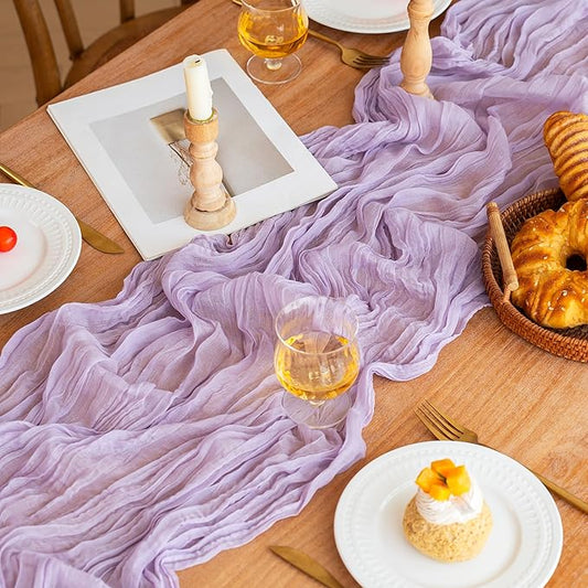 FEXIA Lilac Cheesecloth Table Runner 35x120 Inches Spring Easter Gauze Lavender Table Runners for Mother's Day Bridal Shower Wedding Party First Communion Centerpiece Engagement Decoration