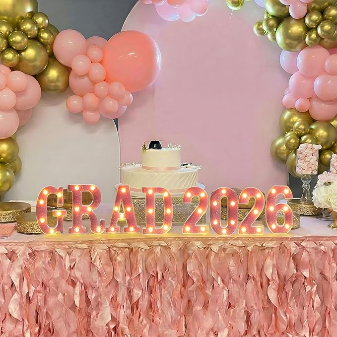 Honoson 8 Pcs Pink GRAD 2026 Sign Grad 2026 LED Sign Light up Graduation Party Decorations, Glitter Pink Light up Numbers Letters, Class of 2026 Decoration for Table High School Senior College Party