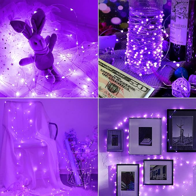 2 Pack Battery Operated UV Blacklight, 16.4ft 2835 LED UV Lamp Beads 8 Modes Flexible Black Lights Fixtures Fairy String Lights with Remote for Fluorescent Party Stage Body Paint Halloween Décor