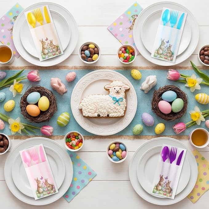 LemonRoad 50 Sets Easter Plastic Silverware Bunny Egg Disposable Prefolded Cutlery Includes Forks Knives Spoons Linen Paper Napkin Easter Tableware for Spring Gatherings Wedding Party Kitchen