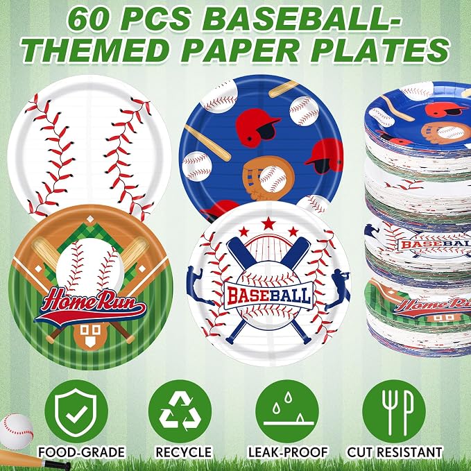 Funnymoom 60 Pcs Baseball Paper Plates Party Supplies 9 Inch Baseball Themed Birthday Party Decorations Disposable Plates for Adults Game Day Birthday Favors
