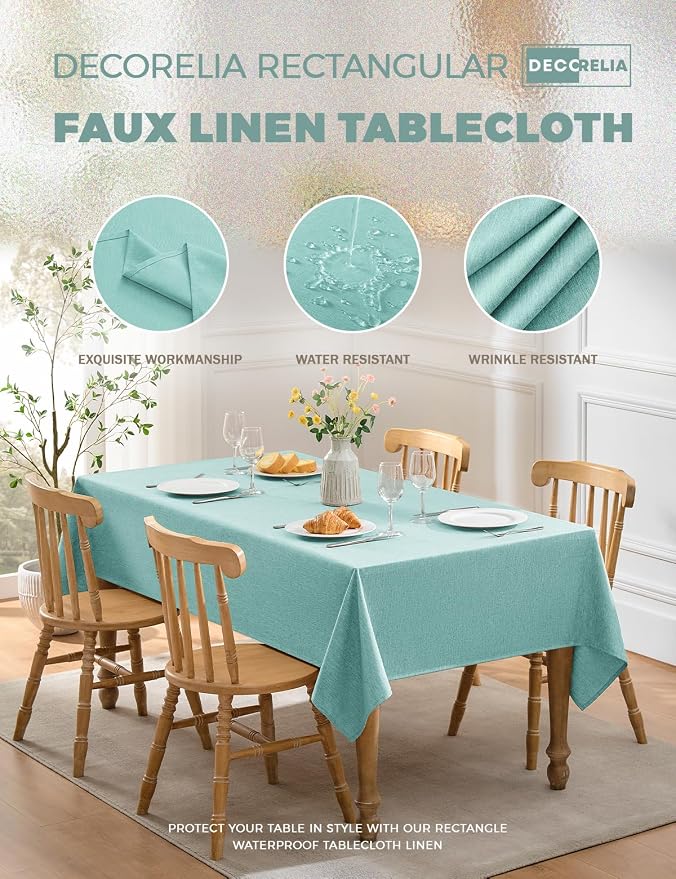 Decorelia Faux Linen Farmhouse Table Cloth 60"x104" for 6 ft Rectangle Table, Aqua Waterproof Outdoor Washable Cloth Tablecloth for Rectangular Dining Room Kitchen Outdoor Party Restaurant Decor