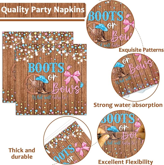 96Pcs Boots or Bows Gender Reveal Decorations Boy or Girl Paper Plates Napkins Blue or Pink Tableware Dinnerware Set Disposable Party Supplies for Baby Shower Gender Reveal Party Favors Serves 24