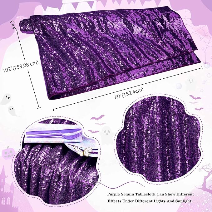 QueenDream Sequin Tablecloth 60"x102" Purple Tablecloth Glitter Party Table Cloth Overlay for Wedding Birthday Decorations