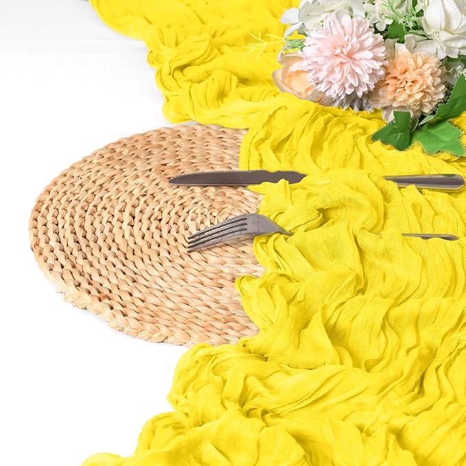 8 Pack Yellow Cheesecloth Table Runner 10FT Boho Gauze Cheese Cloth Table Runner Rustic Sheer Fabric Table Runners for Wedding Bridal Shower Baby Shower Party(21.5×120 Inch)