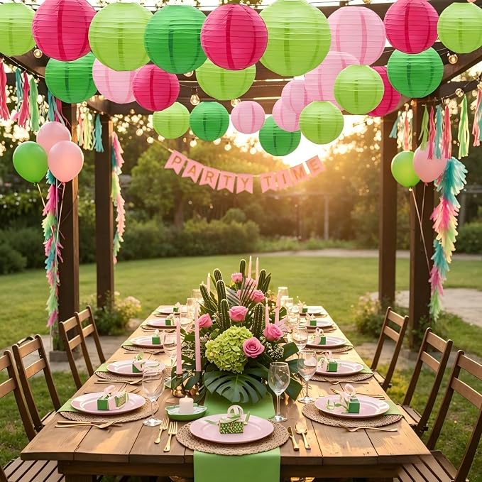 CC wonderland zone 12pcs Hot Pink and Green Paper Lanterns,Hanging Paper Lanterns for Bridal Shower Rustic Boho Birthday Wedding Home Decor Party Decoration