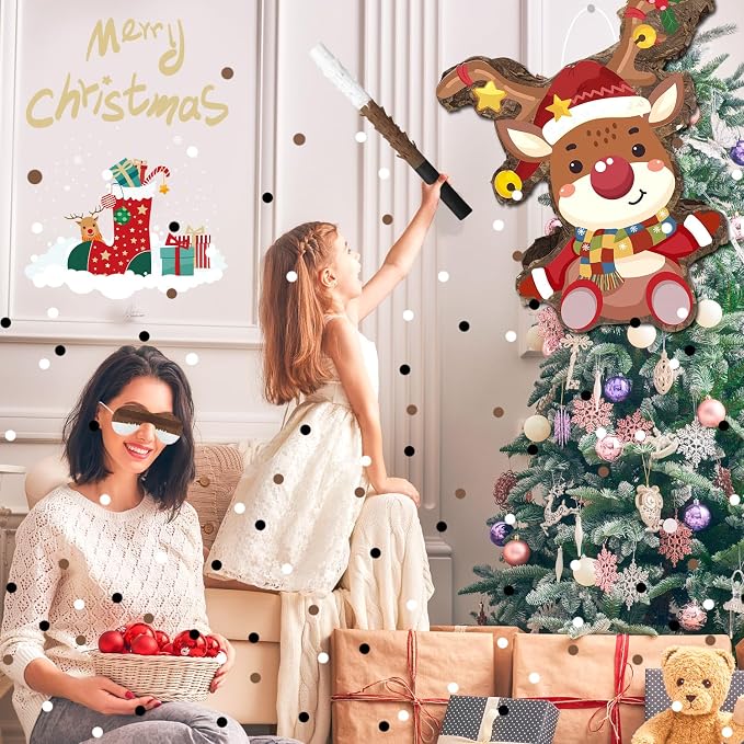 15.1'' Christmas Party Elk Piñata, 4 Pcs Xams Pinata Bundle, Winter Wonderland Party Decorations Elk Piñata Blindfold Stick etc