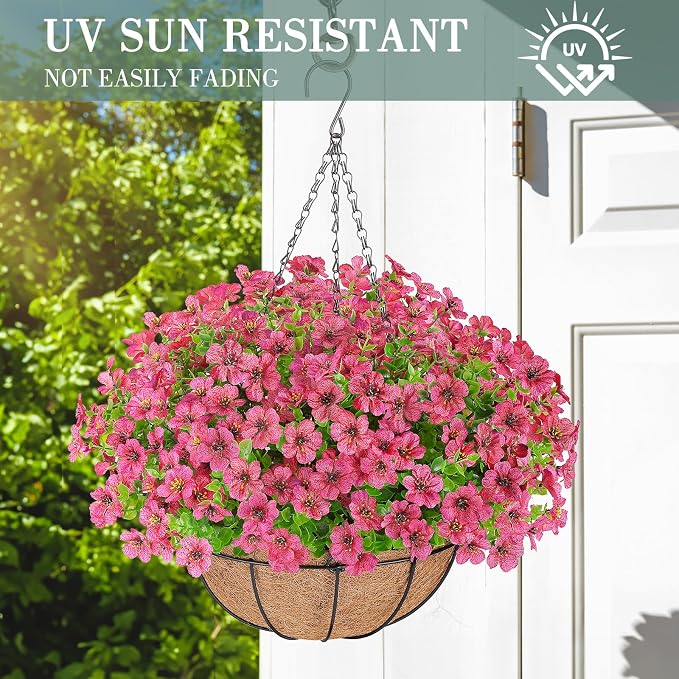 AGIRL Artificial Hanging Flowers with Baskets for Outdoors,UV Resistant Fake Hanging Plants for Outdoor Porch Patio Garden, Realistic Silk Flowers for Spring Summer Home Decor(Rose Red)