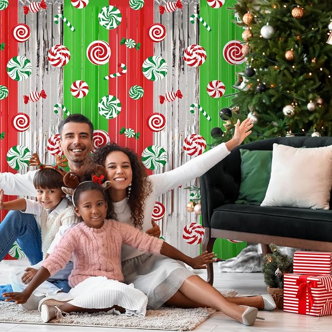 Blosssound 2 Packs Christmas Party Decorations 3.3 x 6.6 ft Candy Cane Foil Fringe Curtain Xmas Holiday Tinsel Streamers for Xmas Winter Holiday Baby Shower Decoration(2 Packs, Christmas Candy)