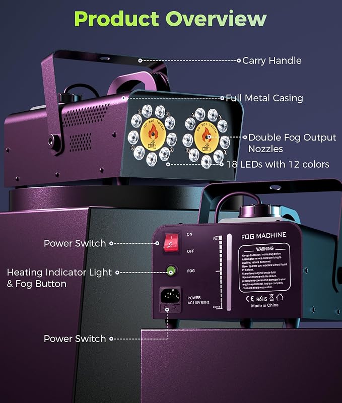 IMONE 1500W Dual Head Fog Machine | High Output Continuous Smoke Machine with 18 RGB LED Lights & Wireless Remote | Perfect for Parties, DJ, Halloween, Stage, Indoor/Outdoor Events