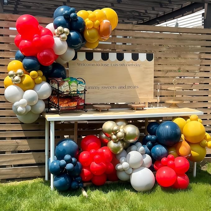 Graduation Balloon Arch Kit, 120pcs Red Retro Navy Blue Yellow White Sand Metallic Gold Baseball Balloon Arch Garland for 2025 Graduation Birthday Boys Sports Football Baby Shower Party Decorations