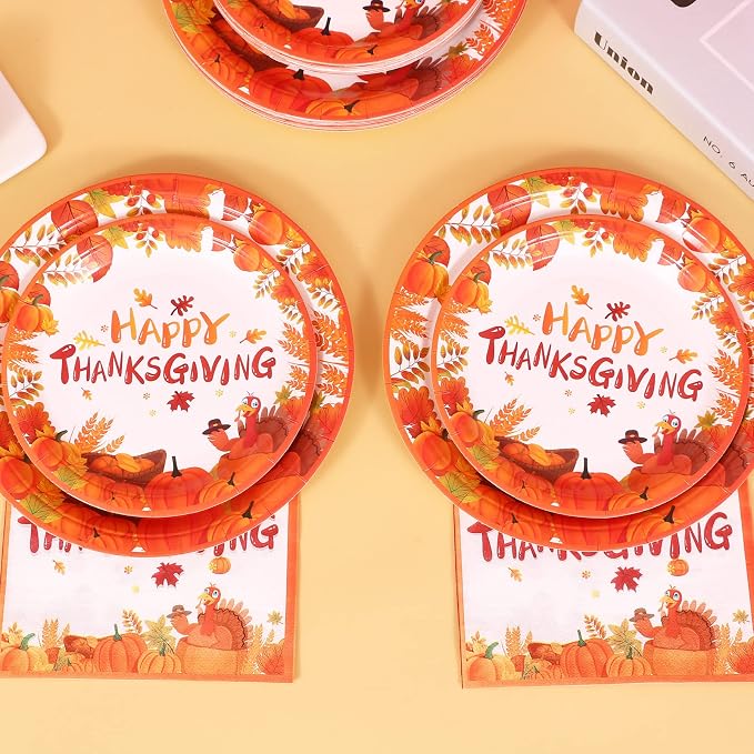 Thanksgiving Day Party Supplies Thanksgiving Paper Plates and Napkins Disposable Pumpkin Maple Leaves Thanksgiving Tableware Set for Thanksgiving Party Decorations Kids,Serves 24…