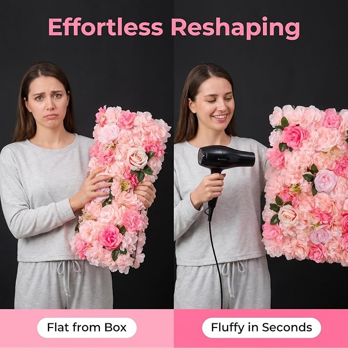 3D Flower Wall Backdrop 6 Pack, 24x16 Inch Soft Pink Artificial Rose Panels for Wedding, Party, Photo Studio, Home & Fence Decor