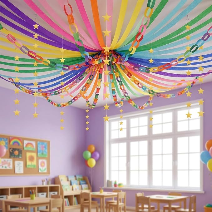 1000 Sheet Paper Chain Strips and Star Garland Set, Rainbow Paper Chains and 65 ft Gold Stars Decor with 492 ft Crepe Paper Streamers for DIY Crafts Pride Month Birthday Wedding Theme Party