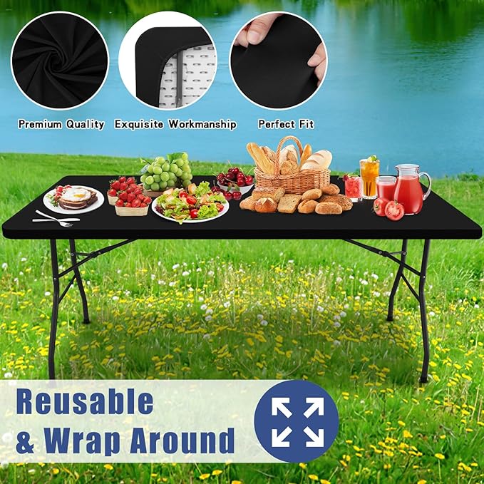 Moosfor Spandex 6 Foot Rectangle Table Cloth 4 Pack, Elastic Fitted Tablecloths for Picnic, Stretch Washable Patio Table Cover for Outdoor, Camping, Banquet and Parties (Black, 30"x72")