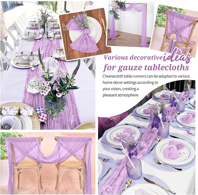 20 Pack Cheesecloth Table Runner Light Purple, Rustic Boho Gauze Fabric Table Runner Romantic Table Runner for Wedding, Festival, Birthday, Anniversary, Dinner and Outdoor Events (17.7 x 108 inch)